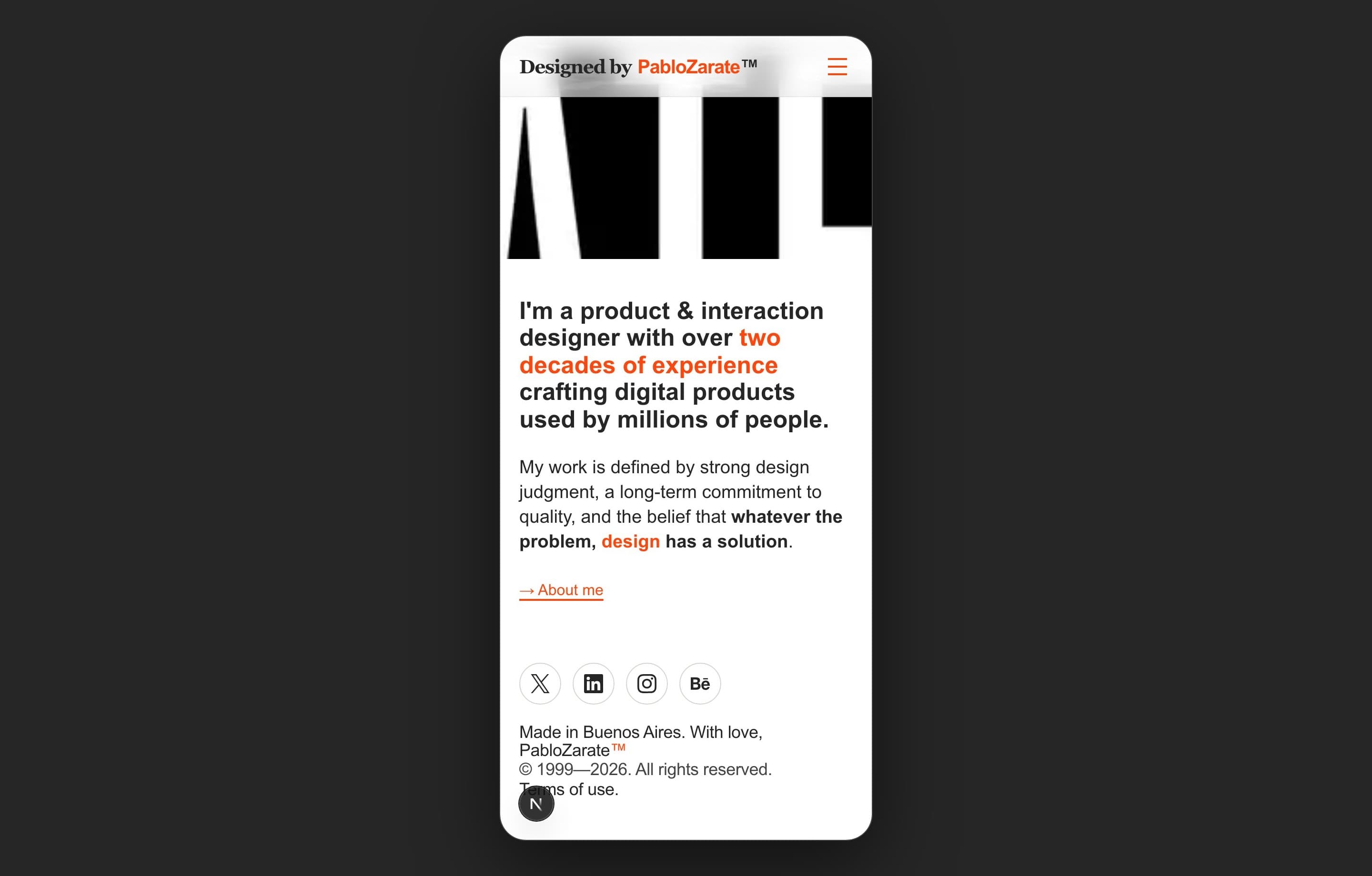 Homepage of pablozarate.com on a mobile viewport